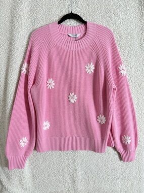 Smash + Tess Pink Daisy Appliqué Crewneck Sweater